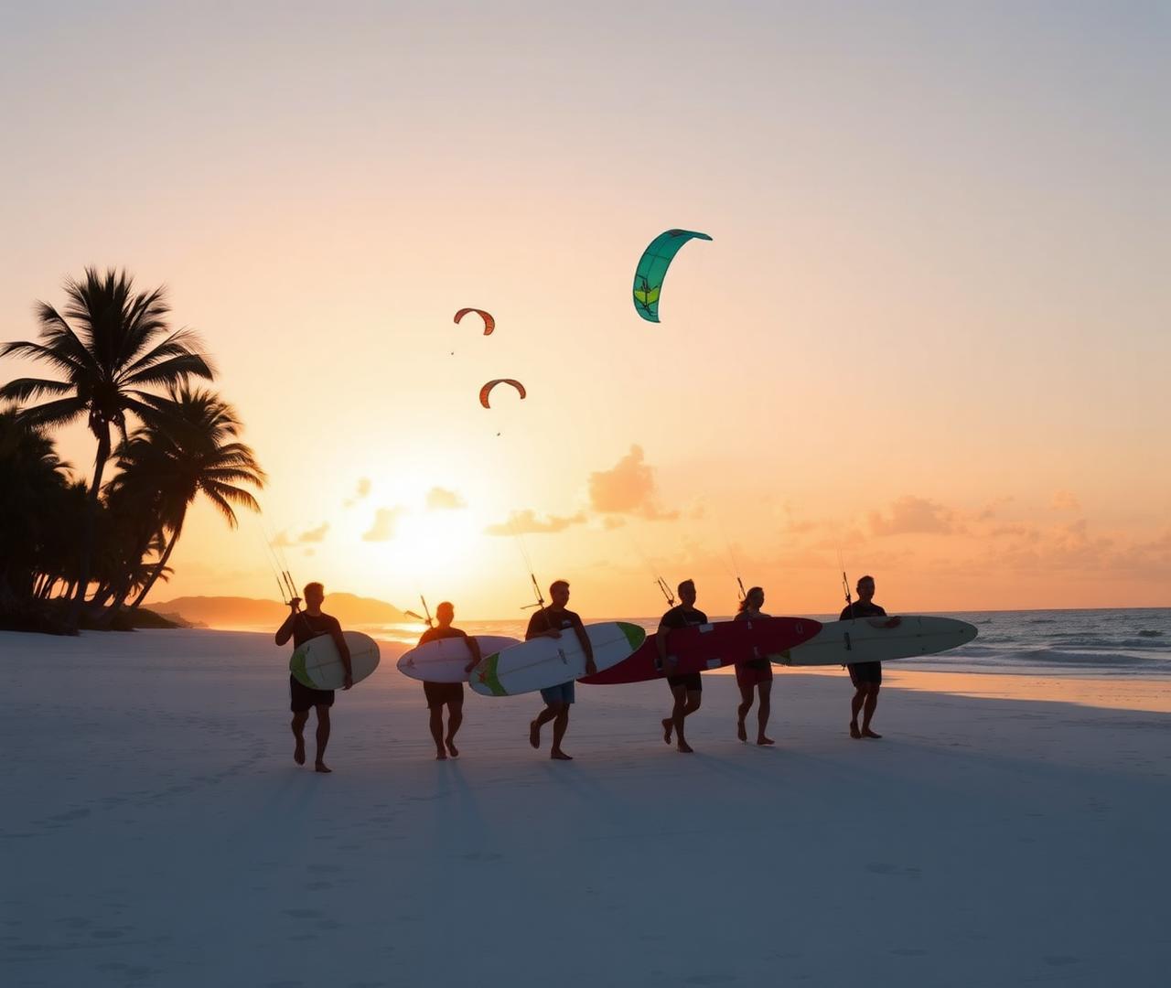 Kitesurfers walking along Diani Beach at sunset with their boards