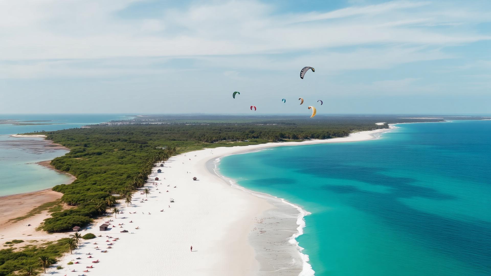 Aerial view of Diani Beach with kitesurfing kites over the turquoise lagoon
